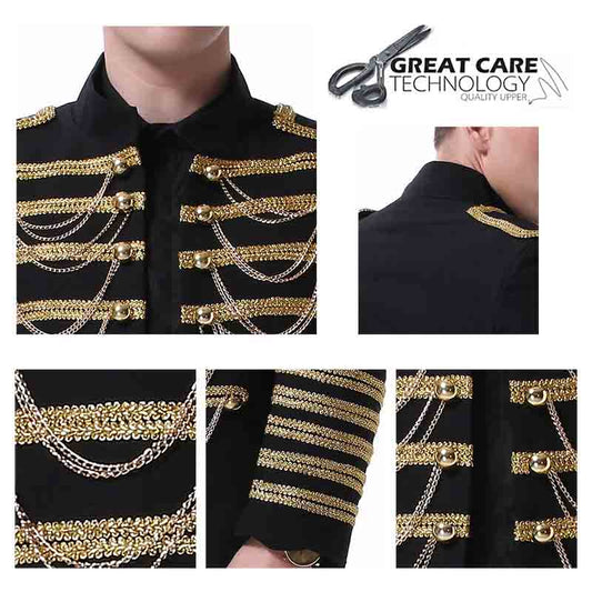 Black # Men's 2-piece luxury suit with stand collar, sequin shoulder decoration and golden chain front detail, slim fit black blazer jacket with matching trousers for party, wedding, stage performance and formal events, isolated on white background.