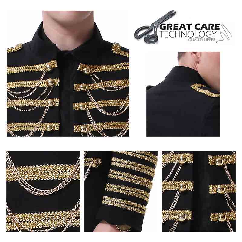 Black # Men's 2-piece luxury suit with stand collar, sequin shoulder decoration and golden chain front detail, slim fit black blazer jacket with matching trousers for party, wedding, stage performance and formal events, isolated on white background.
