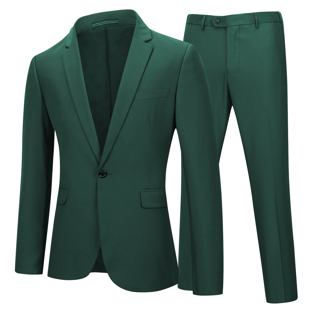 Green # Men's slim fit 2-piece casual suit with peaked lapel and button closure, green formal blazer jacket with four-button cuffs and matching flat-front trousers with extended waist strap, elegant polyester blend suit for business, office, wedding and daily wear, isolated on white background.