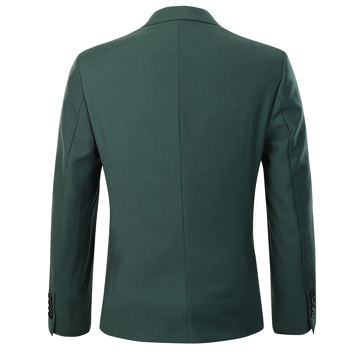 Green # Men's slim fit 2-piece casual suit with peaked lapel and button closure, green formal blazer jacket with four-button cuffs and matching flat-front trousers with extended waist strap, elegant polyester blend suit for business, office, wedding and daily wear, isolated on white background.