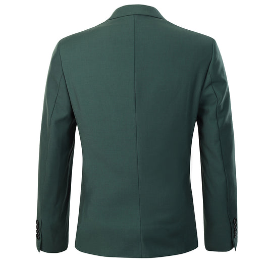 Green # Men's slim fit 2-piece casual suit with peaked lapel and button closure, green formal blazer jacket with four-button cuffs and matching flat-front trousers with extended waist strap, elegant polyester blend suit for business, office, wedding and daily wear, isolated on white background.