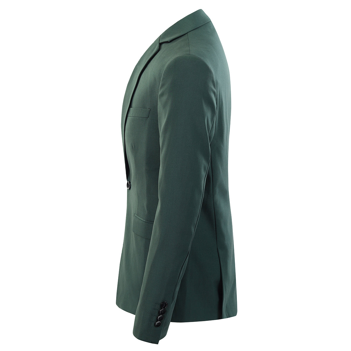 Green # Men's slim fit 2-piece casual suit with peaked lapel and button closure, green formal blazer jacket with four-button cuffs and matching flat-front trousers with extended waist strap, elegant polyester blend suit for business, office, wedding and daily wear, isolated on white background.