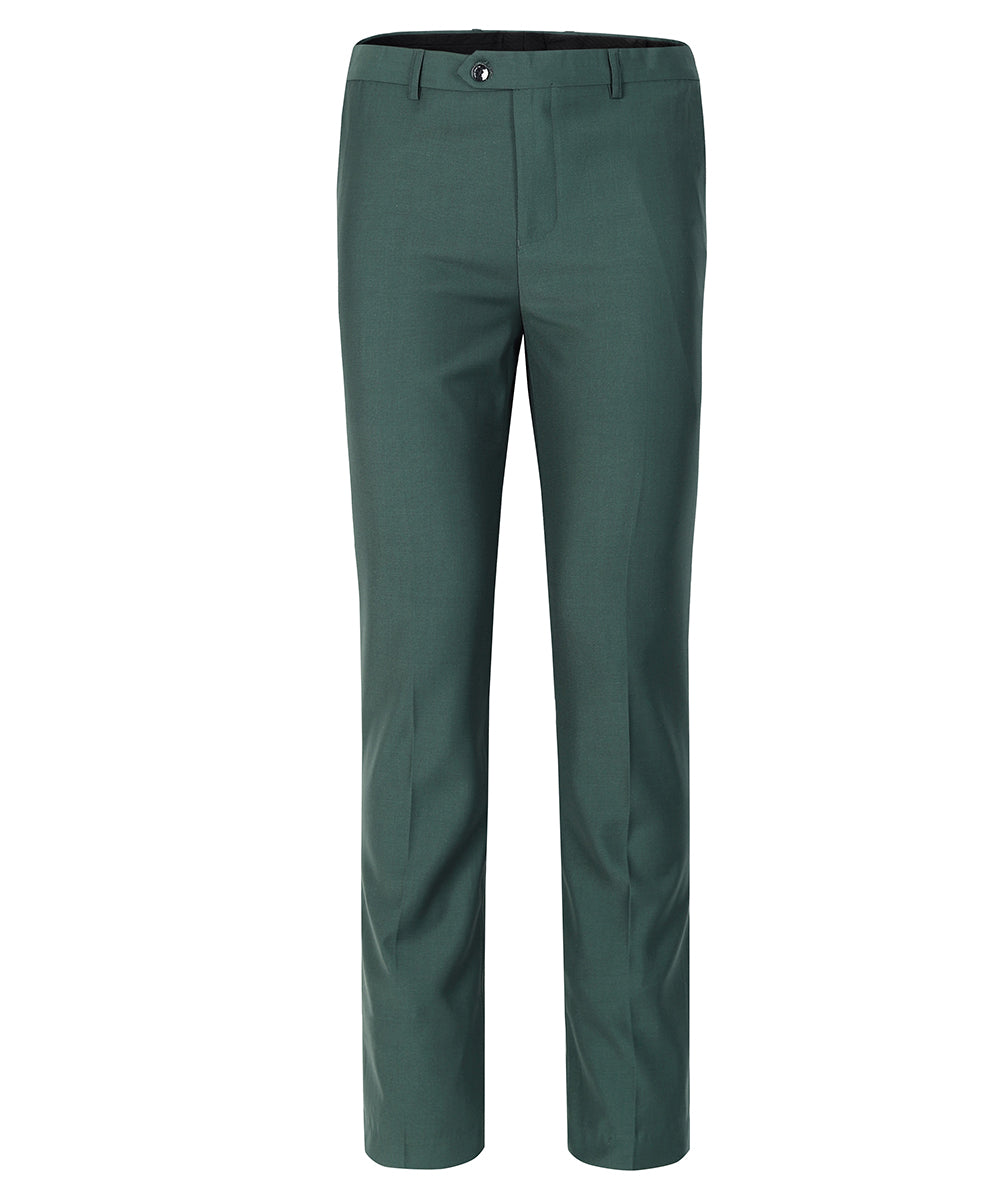 Green # Men's slim fit 2-piece casual suit with peaked lapel and button closure, green formal blazer jacket with four-button cuffs and matching flat-front trousers with extended waist strap, elegant polyester blend suit for business, office, wedding and daily wear, isolated on white background.