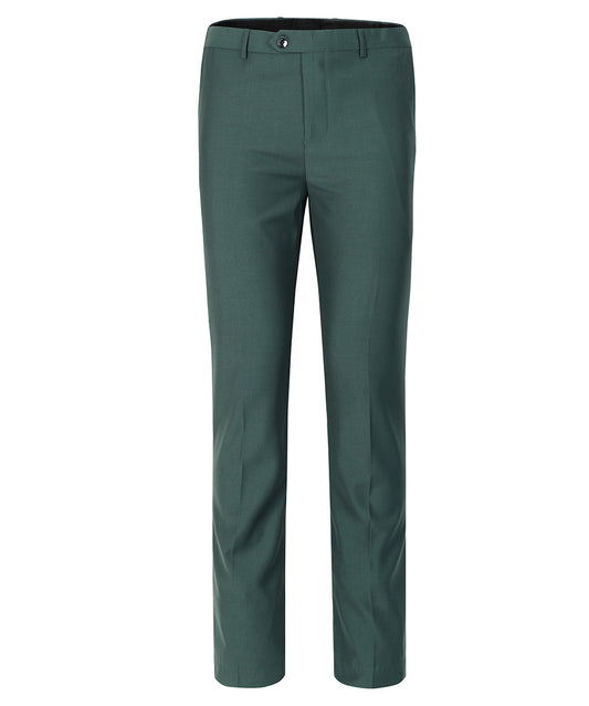 Green # Men's slim fit 2-piece casual suit with peaked lapel and button closure, green formal blazer jacket with four-button cuffs and matching flat-front trousers with extended waist strap, elegant polyester blend suit for business, office, wedding and daily wear, isolated on white background.