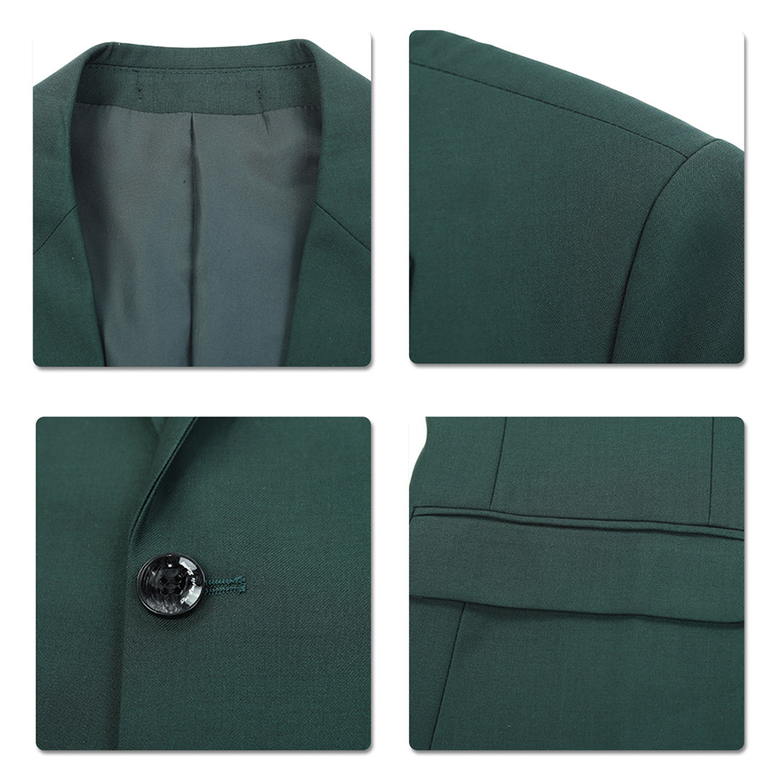 Green # Men's slim fit 2-piece casual suit with peaked lapel and button closure, green formal blazer jacket with four-button cuffs and matching flat-front trousers with extended waist strap, elegant polyester blend suit for business, office, wedding and daily wear, isolated on white background.