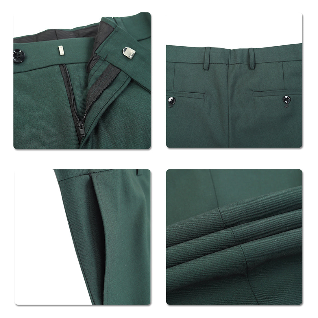 Green # Men's slim fit 2-piece casual suit with peaked lapel and button closure, green formal blazer jacket with four-button cuffs and matching flat-front trousers with extended waist strap, elegant polyester blend suit for business, office, wedding and daily wear, isolated on white background.