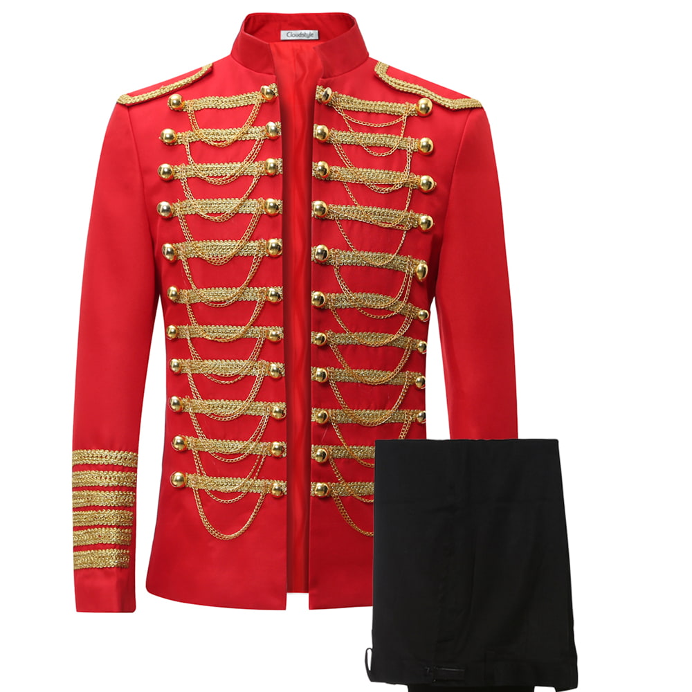 Red # Men's slim fit 2-piece luxury suit with stand collar and sequin decoration, red formal blazer jacket with gold chain front detailing and exquisite shoulder embellishment, breathable premium polyester suit that shines under light for party, prom, wedding and special events, isolated on white background.