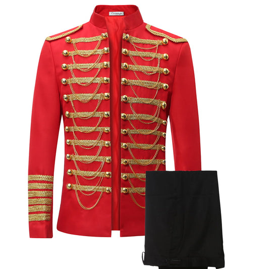 Red # Men's slim fit 2-piece luxury suit with stand collar and sequin decoration, red formal blazer jacket with gold chain front detailing and exquisite shoulder embellishment, breathable premium polyester suit that shines under light for party, prom, wedding and special events, isolated on white background.