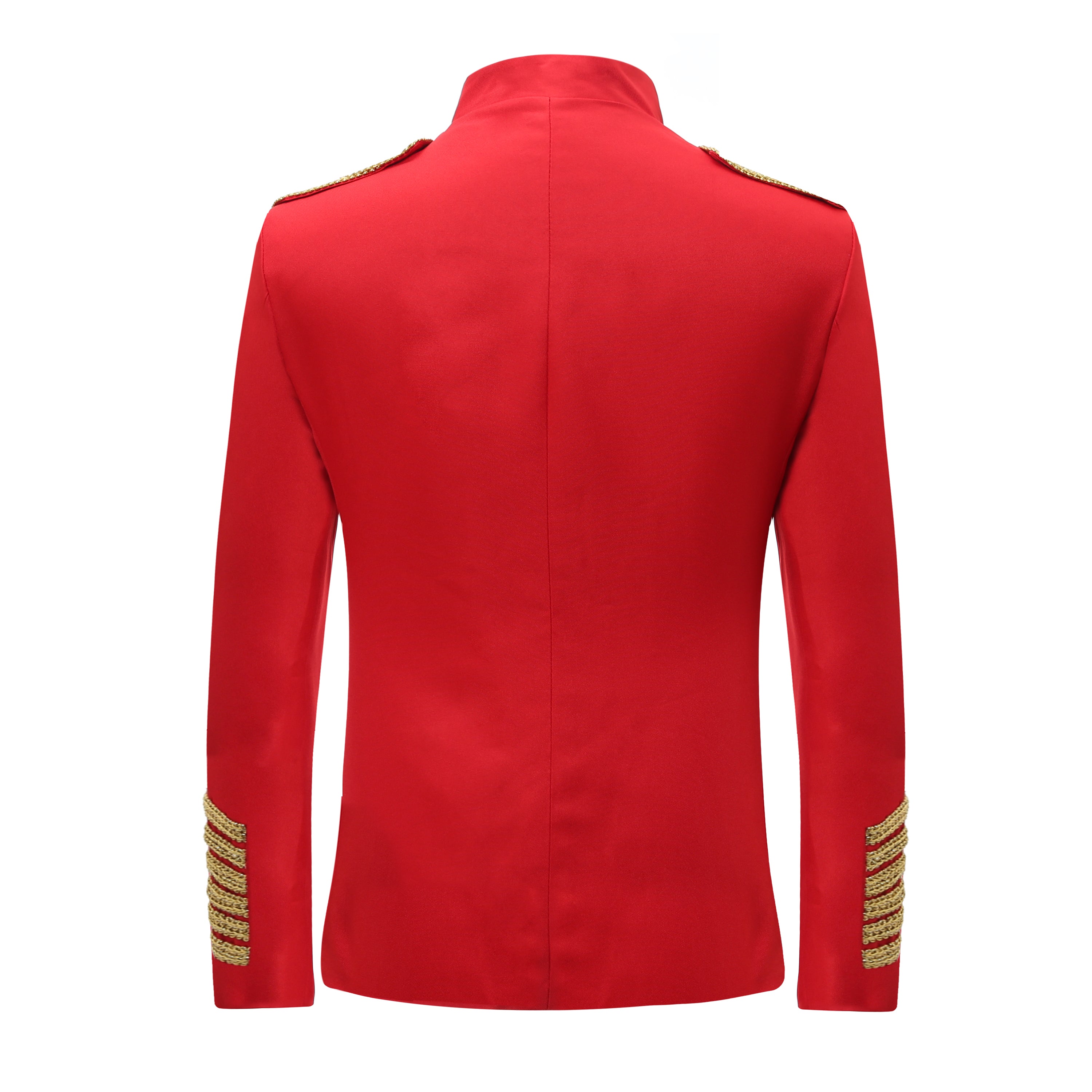 Red # Men's slim fit 2-piece luxury suit with stand collar and sequin decoration, red formal blazer jacket with gold chain front detailing and exquisite shoulder embellishment, breathable premium polyester suit that shines under light for party, prom, wedding and special events, isolated on white background.