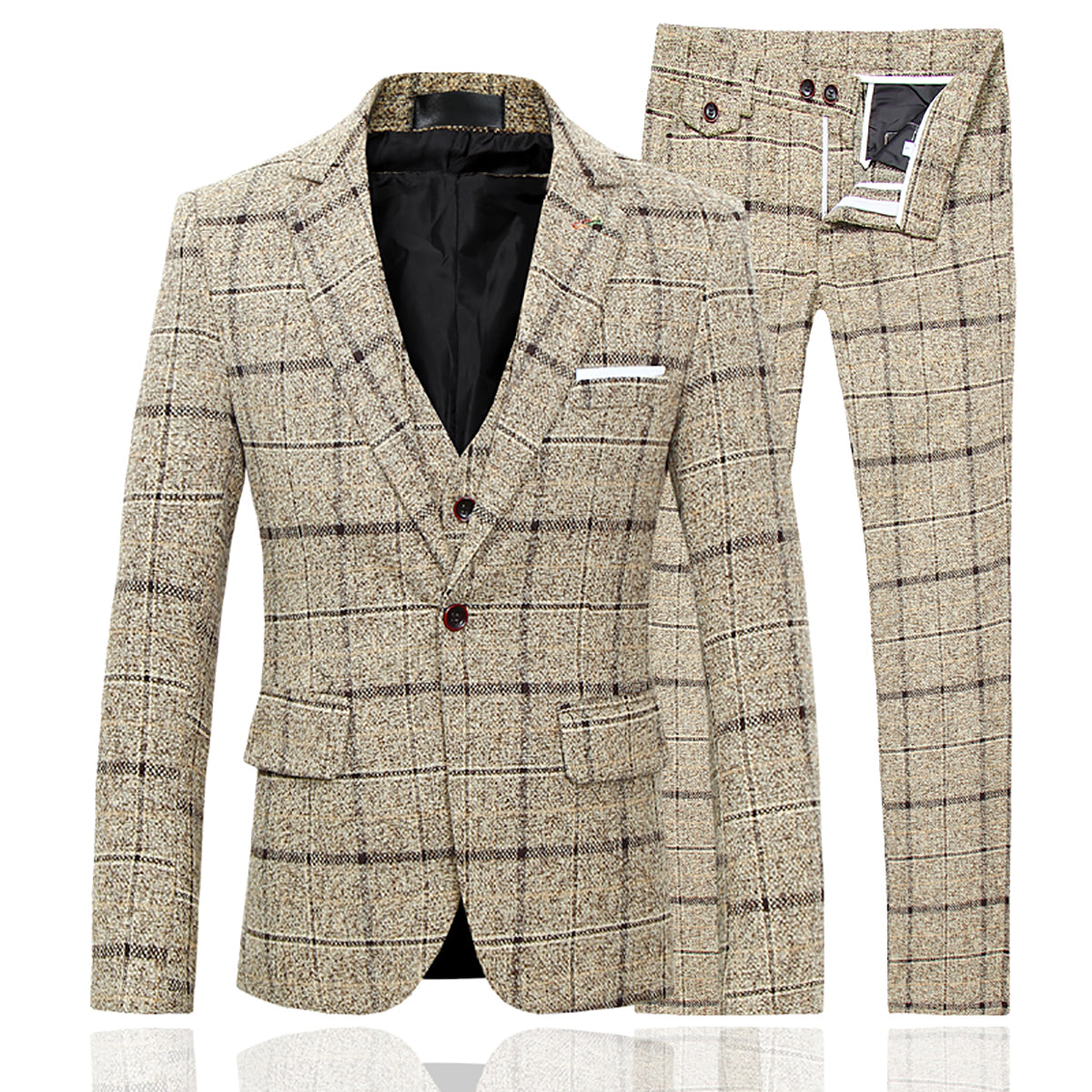 Beige # Men's slim fit 3-piece wool plaid suit with one-button closure and notched lapel, beige checkered formal blazer jacket with matching waistcoat and trousers, featuring front flap pockets and elasticated waistband for business, wedding, prom and formal occasions, isolated on white background.