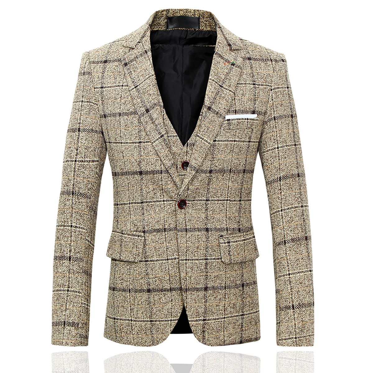 Beige # Men's slim fit 3-piece wool plaid suit with one-button closure and notched lapel, beige checkered formal blazer jacket with matching waistcoat and trousers, featuring front flap pockets and elasticated waistband for business, wedding, prom and formal occasions, isolated on white background.