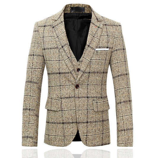 Beige # Men's slim fit 3-piece wool plaid suit with one-button closure and notched lapel, beige checkered formal blazer jacket with matching waistcoat and trousers, featuring front flap pockets and elasticated waistband for business, wedding, prom and formal occasions, isolated on white background.
