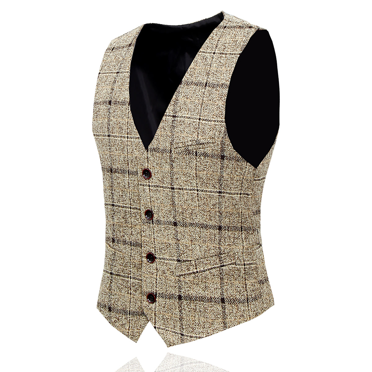Beige # Men's slim fit 3-piece wool plaid suit with one-button closure and notched lapel, beige checkered formal blazer jacket with matching waistcoat and trousers, featuring front flap pockets and elasticated waistband for business, wedding, prom and formal occasions, isolated on white background.