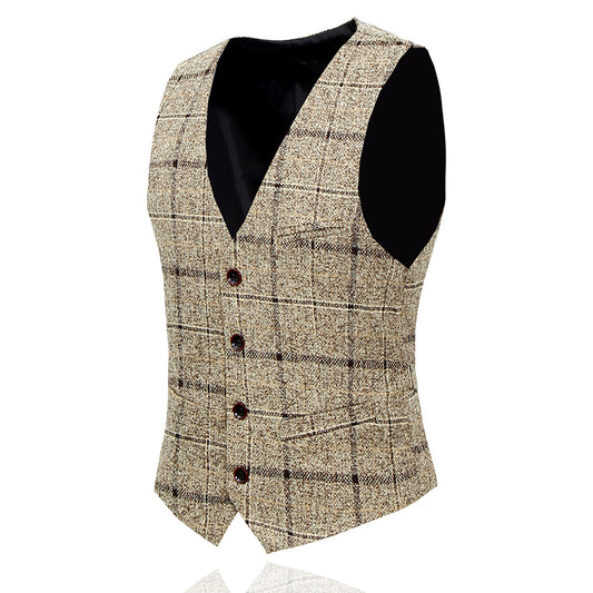 Beige # Men's slim fit 3-piece wool plaid suit with one-button closure and notched lapel, beige checkered formal blazer jacket with matching waistcoat and trousers, featuring front flap pockets and elasticated waistband for business, wedding, prom and formal occasions, isolated on white background.