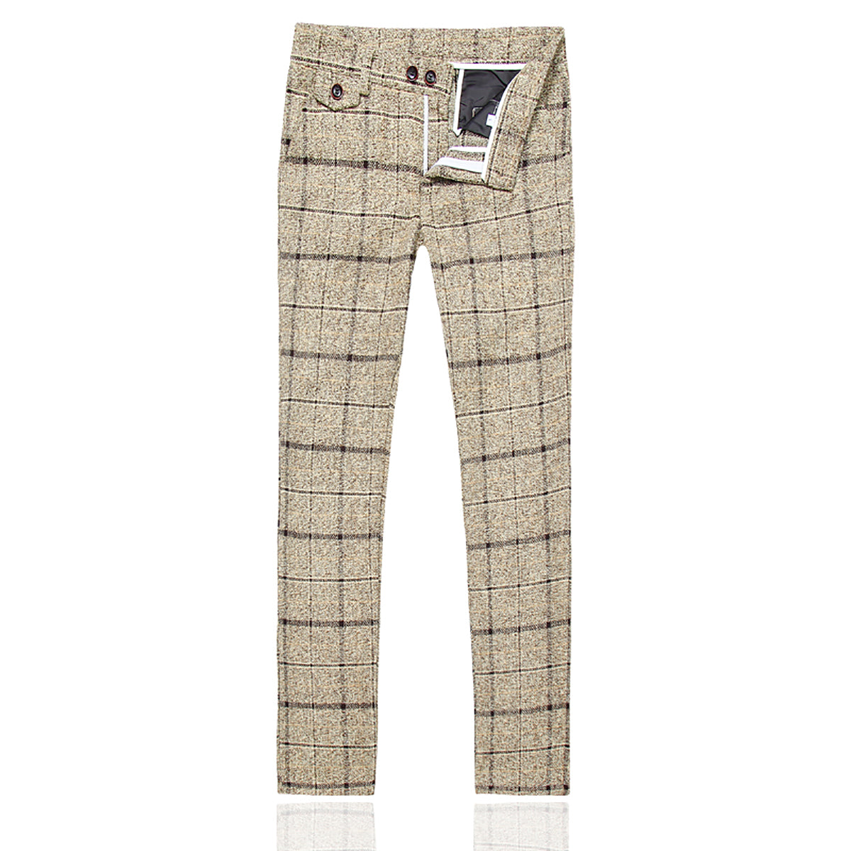 Beige # Men's slim fit 3-piece wool plaid suit with one-button closure and notched lapel, beige checkered formal blazer jacket with matching waistcoat and trousers, featuring front flap pockets and elasticated waistband for business, wedding, prom and formal occasions, isolated on white background.