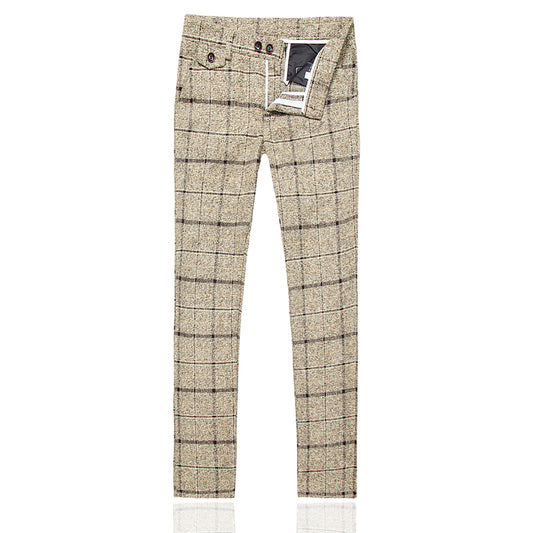 Beige # Men's slim fit 3-piece wool plaid suit with one-button closure and notched lapel, beige checkered formal blazer jacket with matching waistcoat and trousers, featuring front flap pockets and elasticated waistband for business, wedding, prom and formal occasions, isolated on white background.