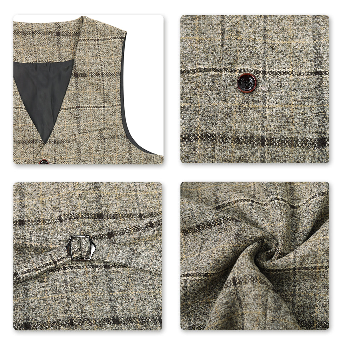 Beige # Men's slim fit 3-piece wool plaid suit with one-button closure and notched lapel, beige checkered formal blazer jacket with matching waistcoat and trousers, featuring front flap pockets and elasticated waistband for business, wedding, prom and formal occasions, isolated on white background.