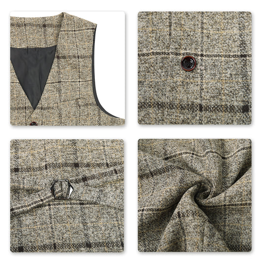 Beige # Men's slim fit 3-piece wool plaid suit with one-button closure and notched lapel, beige checkered formal blazer jacket with matching waistcoat and trousers, featuring front flap pockets and elasticated waistband for business, wedding, prom and formal occasions, isolated on white background.