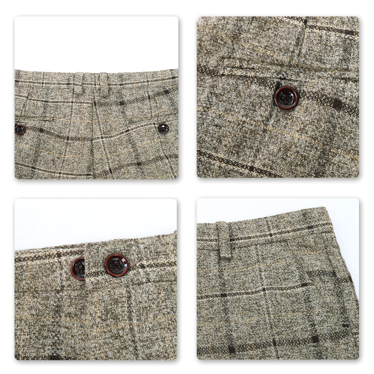 Beige # Men's slim fit 3-piece wool plaid suit with one-button closure and notched lapel, beige checkered formal blazer jacket with matching waistcoat and trousers, featuring front flap pockets and elasticated waistband for business, wedding, prom and formal occasions, isolated on white background.