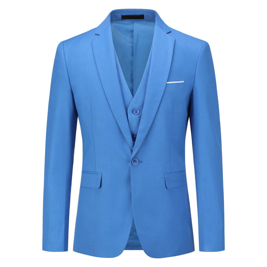 Regatta Blue # Men's slim fit 3-piece one-button formal suit with peaked lapel and single-breasted closure, regatta blue blazer jacket with matching vest and flat-front trousers with extended waist strap, elegant polyester suit for wedding, business, prom and formal occasions, isolated on white background.