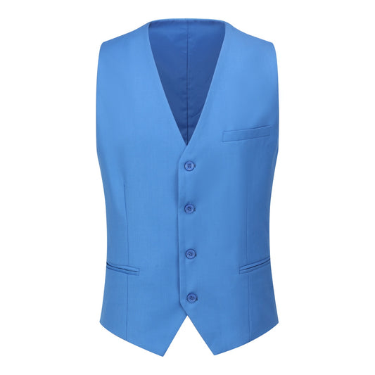 Regatta Blue # Men's slim fit 3-piece one-button formal suit with peaked lapel and single-breasted closure, regatta blue blazer jacket with matching vest and flat-front trousers with extended waist strap, elegant polyester suit for wedding, business, prom and formal occasions, isolated on white background.