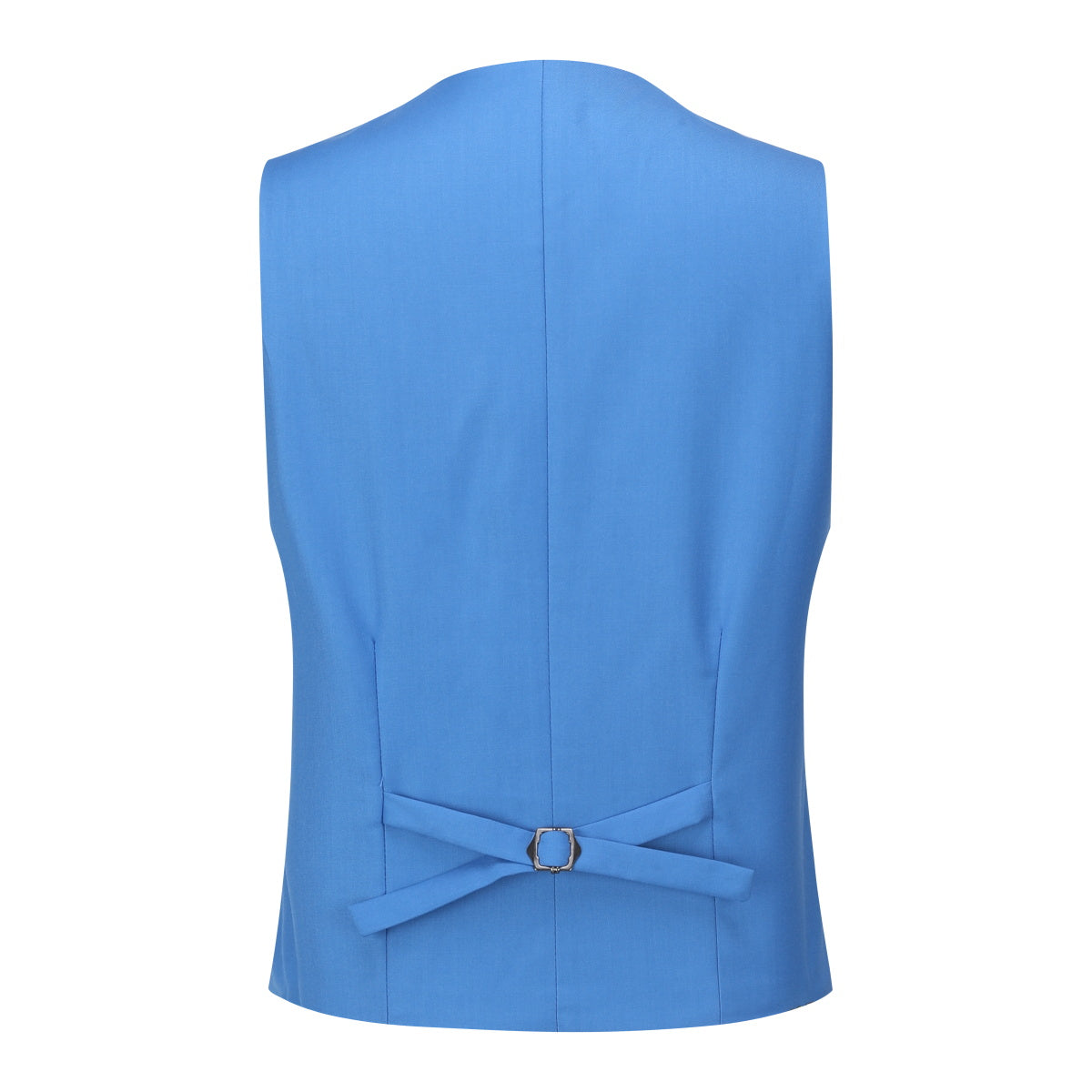 Regatta Blue # Men's slim fit 3-piece one-button formal suit with peaked lapel and single-breasted closure, regatta blue blazer jacket with matching vest and flat-front trousers with extended waist strap, elegant polyester suit for wedding, business, prom and formal occasions, isolated on white background.