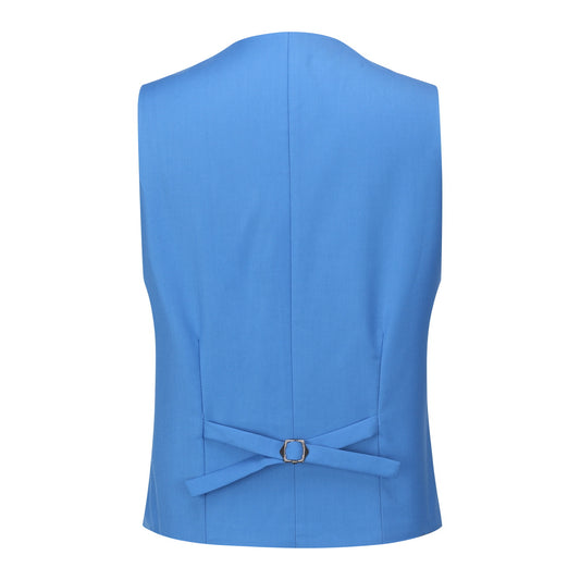 Regatta Blue # Men's slim fit 3-piece one-button formal suit with peaked lapel and single-breasted closure, regatta blue blazer jacket with matching vest and flat-front trousers with extended waist strap, elegant polyester suit for wedding, business, prom and formal occasions, isolated on white background.