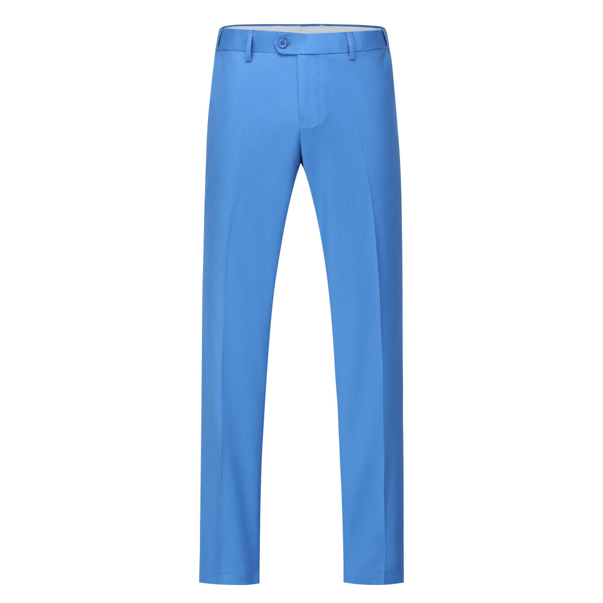 Regatta Blue # Men's slim fit 3-piece one-button formal suit with peaked lapel and single-breasted closure, regatta blue blazer jacket with matching vest and flat-front trousers with extended waist strap, elegant polyester suit for wedding, business, prom and formal occasions, isolated on white background.