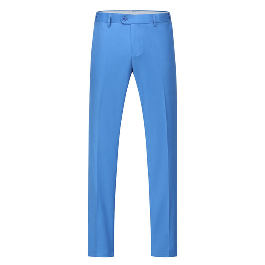 Regatta Blue # Men's slim fit 3-piece one-button formal suit with peaked lapel and single-breasted closure, regatta blue blazer jacket with matching vest and flat-front trousers with extended waist strap, elegant polyester suit for wedding, business, prom and formal occasions, isolated on white background.