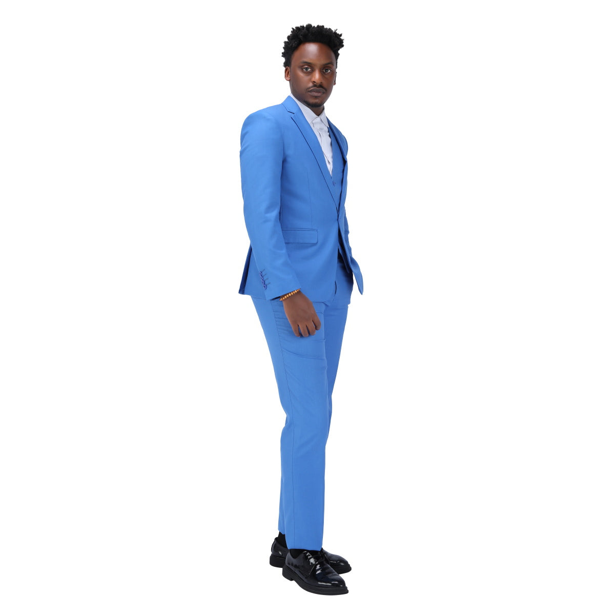 Regatta Blue # Men's slim fit 3-piece one-button formal suit with peaked lapel and single-breasted closure, regatta blue blazer jacket with matching vest and flat-front trousers with extended waist strap, elegant polyester suit for wedding, business, prom and formal occasions, isolated on white background.