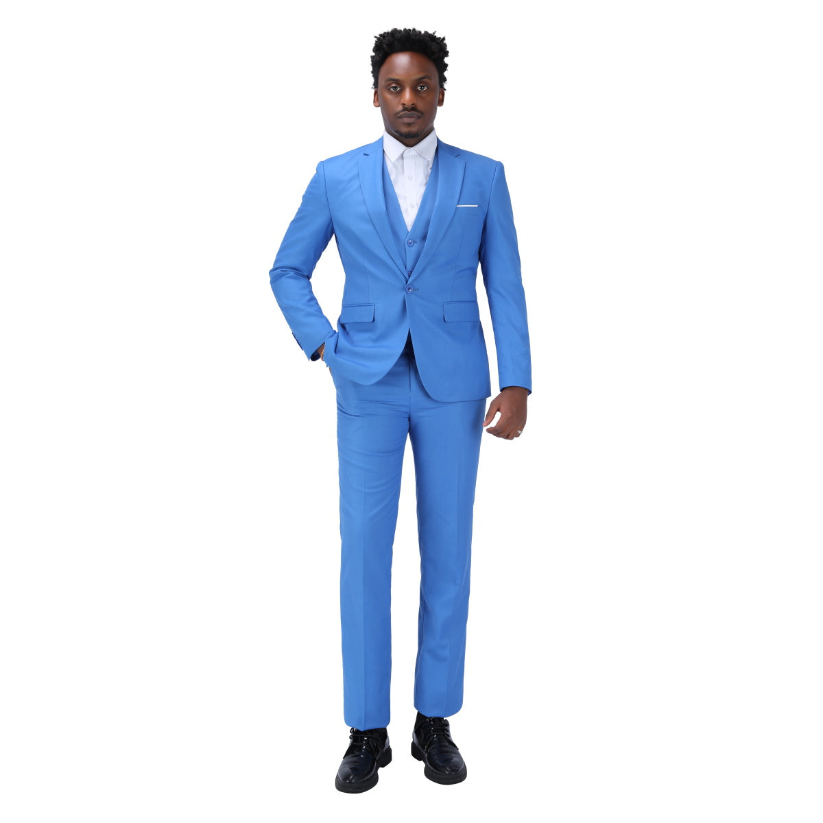 Regatta Blue # Men's slim fit 3-piece one-button formal suit with peaked lapel and single-breasted closure, regatta blue blazer jacket with matching vest and flat-front trousers with extended waist strap, elegant polyester suit for wedding, business, prom and formal occasions, isolated on white background.