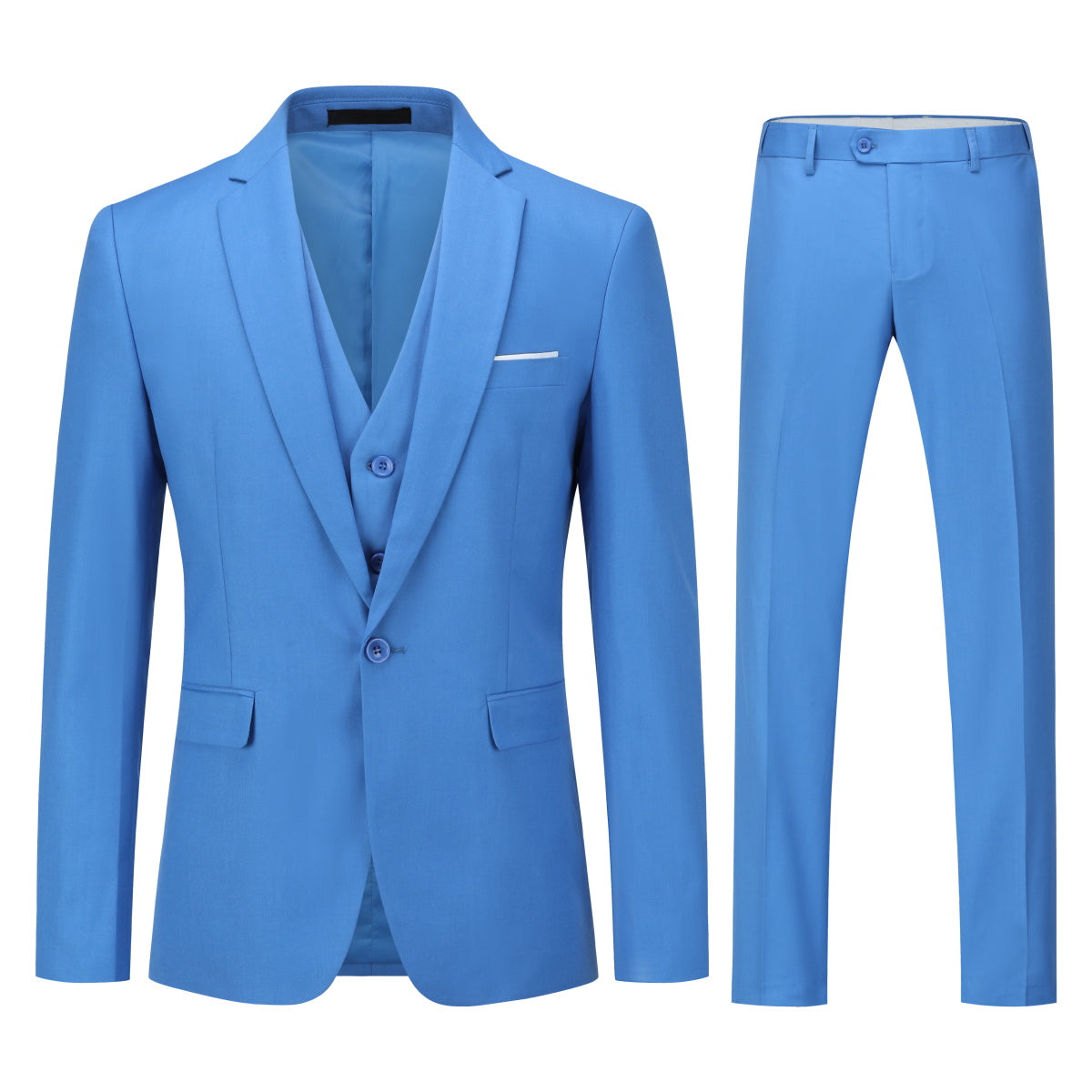 Regatta Blue # Men's slim fit 3-piece one-button formal suit with peaked lapel and single-breasted closure, regatta blue blazer jacket with matching vest and flat-front trousers with extended waist strap, elegant polyester suit for wedding, business, prom and formal occasions, isolated on white background.