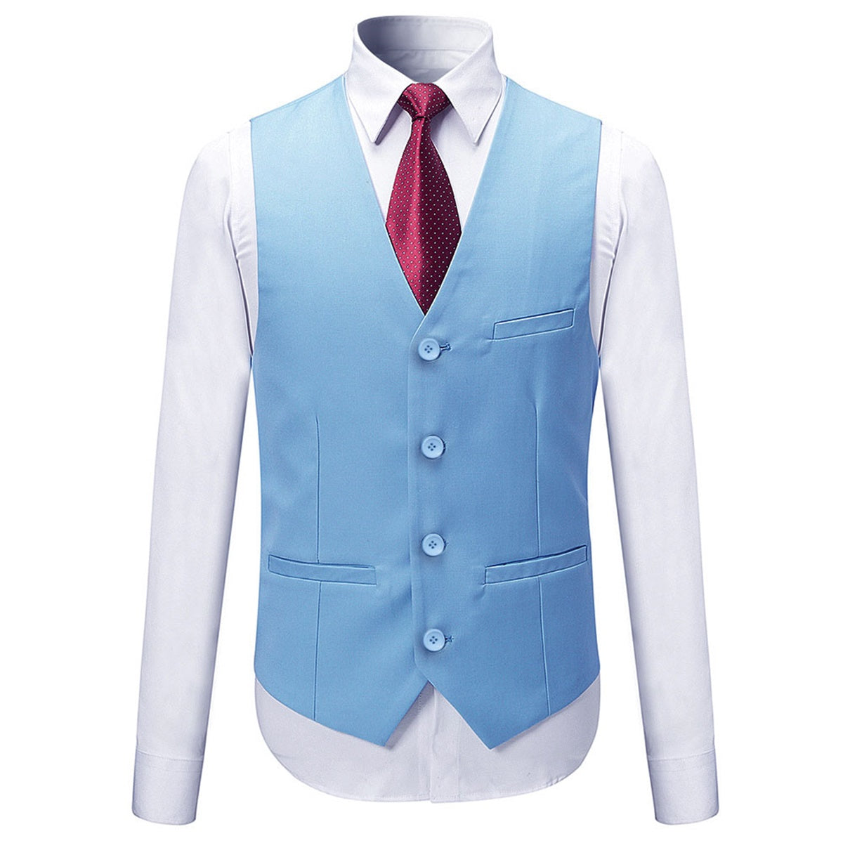 Sky Blue # Men's slim fit 3-piece solid color suit with notched lapel and single-breasted closure, sky blue formal blazer jacket with matching vest and flat-front trousers, fully padded shoulders and back vent for wedding, prom, business and formal occasions, isolated on white background.