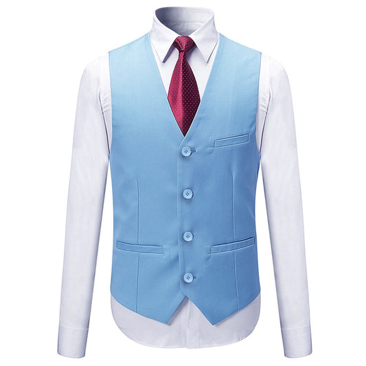Sky Blue # Men's slim fit 3-piece solid color suit with notched lapel and single-breasted closure, sky blue formal blazer jacket with matching vest and flat-front trousers, fully padded shoulders and back vent for wedding, prom, business and formal occasions, isolated on white background.