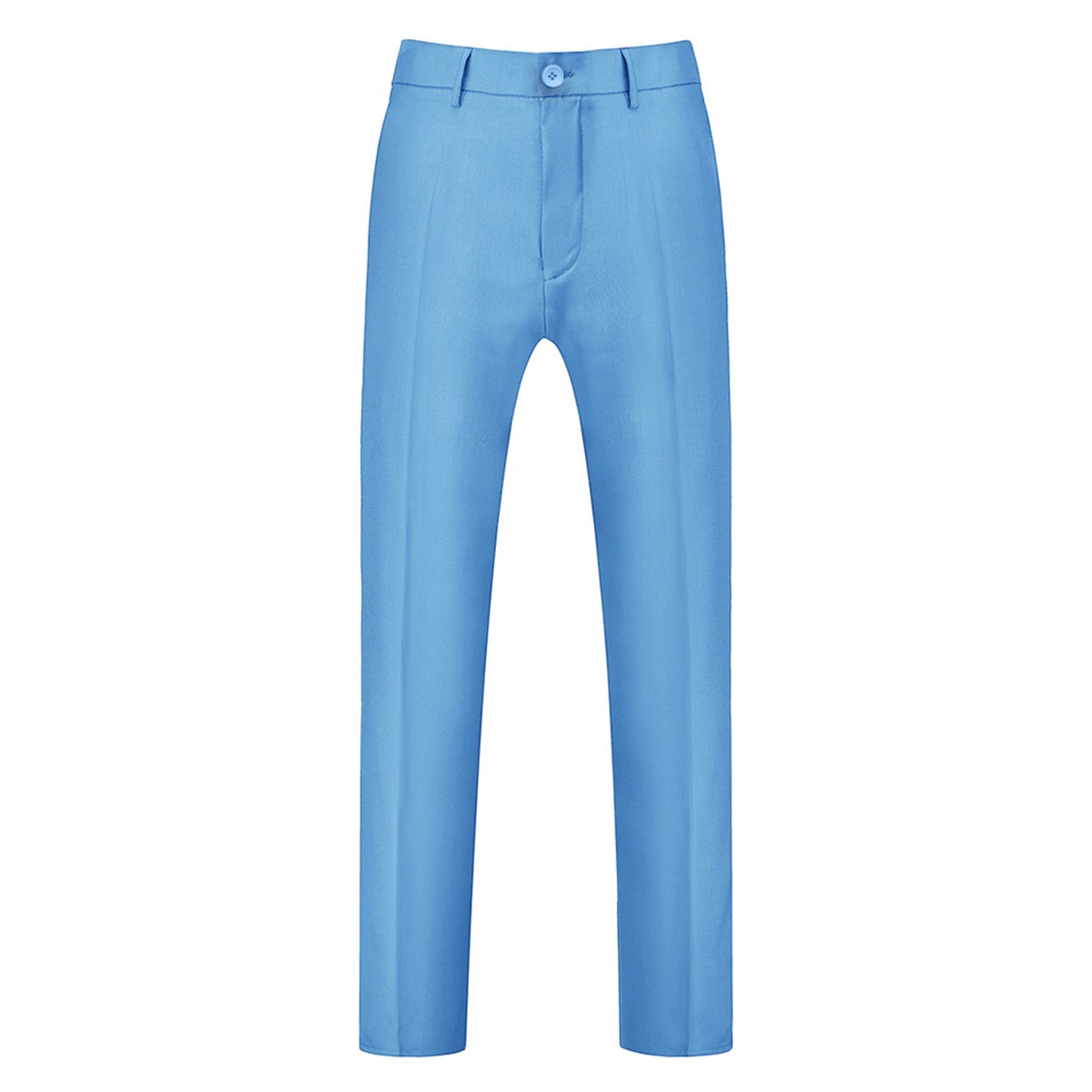 Sky Blue # Men's slim fit 3-piece solid color suit with notched lapel and single-breasted closure, sky blue formal blazer jacket with matching vest and flat-front trousers, fully padded shoulders and back vent for wedding, prom, business and formal occasions, isolated on white background.