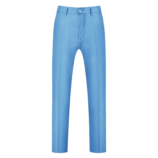 Sky Blue # Men's slim fit 3-piece solid color suit with notched lapel and single-breasted closure, sky blue formal blazer jacket with matching vest and flat-front trousers, fully padded shoulders and back vent for wedding, prom, business and formal occasions, isolated on white background.