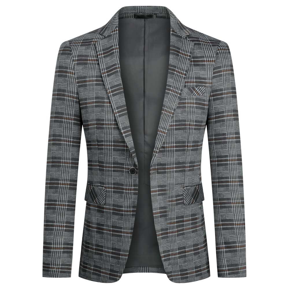 Multi-color # Men's slim fit plaid stripe casual blazer coat with one-button peaked lapel and 4-button cuffs, fully lined with chest pocket for party, event, business and daily wear, isolated on white background.
