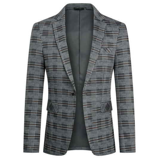 Multi-color # Men's slim fit plaid stripe casual blazer coat with one-button peaked lapel and 4-button cuffs, fully lined with chest pocket for party, event, business and daily wear, isolated on white background.