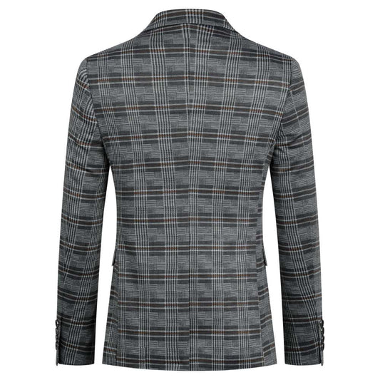 Multi-color # Men's slim fit plaid stripe casual blazer coat with one-button peaked lapel and 4-button cuffs, fully lined with chest pocket for party, event, business and daily wear, isolated on white background.