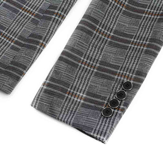 Multi-color # Men's slim fit plaid stripe casual blazer coat with one-button peaked lapel and 4-button cuffs, fully lined with chest pocket for party, event, business and daily wear, isolated on white background.