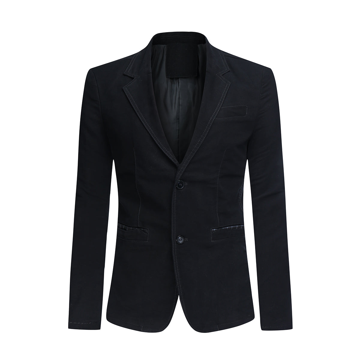 Black # Men's casual 2-button autumn blazer with notched lapel and single-breasted closure, solid black slim fit sport coat with center back vent, soft cotton blend fabric for business, wedding, prom, party and daily wear, isolated on white background.