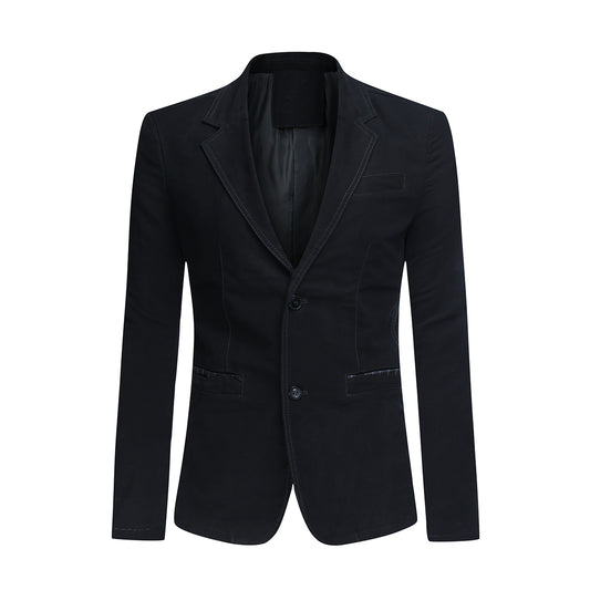 Black # Men's casual 2-button autumn blazer with notched lapel and single-breasted closure, solid black slim fit sport coat with center back vent, soft cotton blend fabric for business, wedding, prom, party and daily wear, isolated on white background.