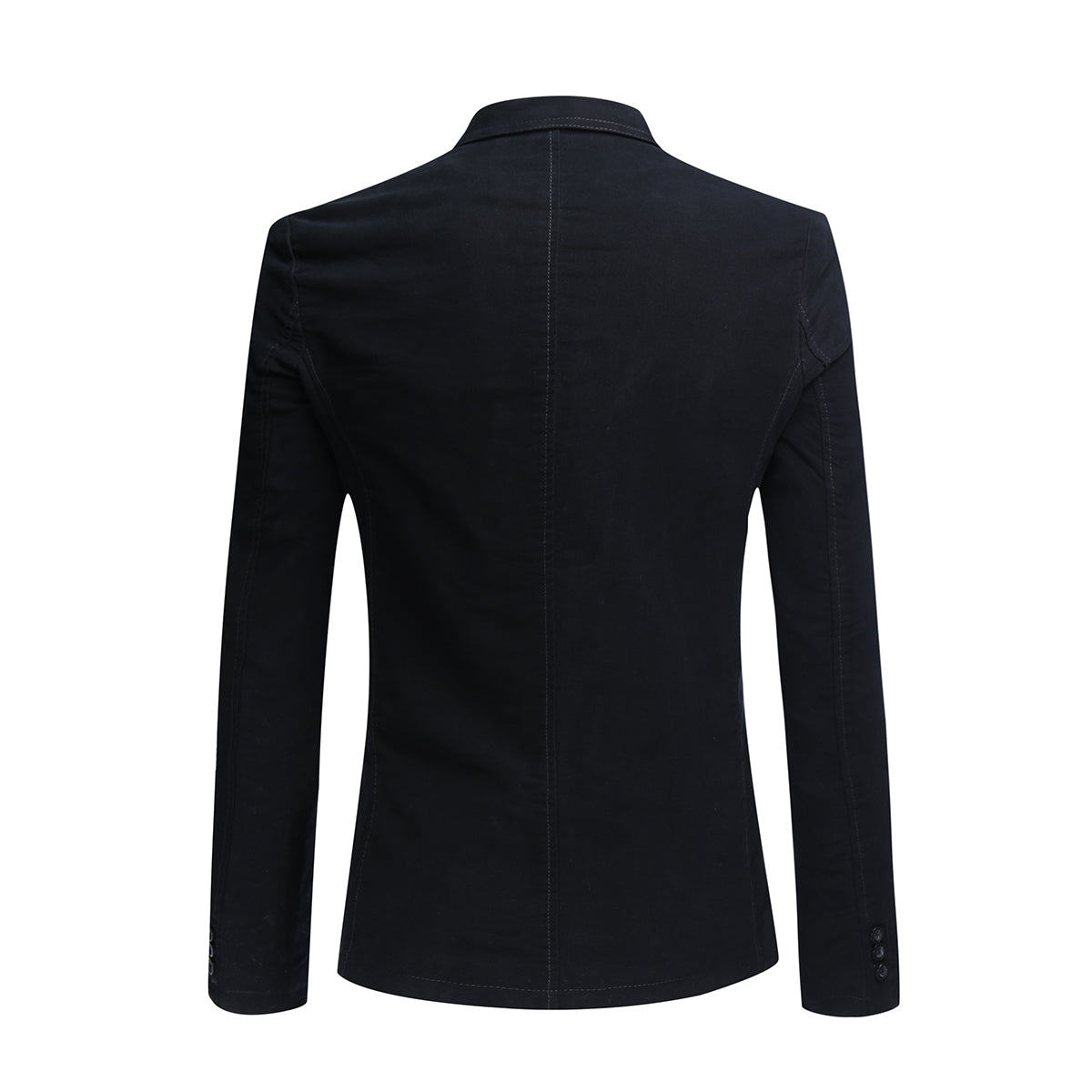 Black # Men's casual 2-button autumn blazer with notched lapel and single-breasted closure, solid black slim fit sport coat with center back vent, soft cotton blend fabric for business, wedding, prom, party and daily wear, isolated on white background.