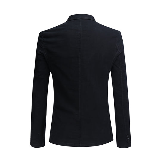 Black # Men's casual 2-button autumn blazer with notched lapel and single-breasted closure, solid black slim fit sport coat with center back vent, soft cotton blend fabric for business, wedding, prom, party and daily wear, isolated on white background.