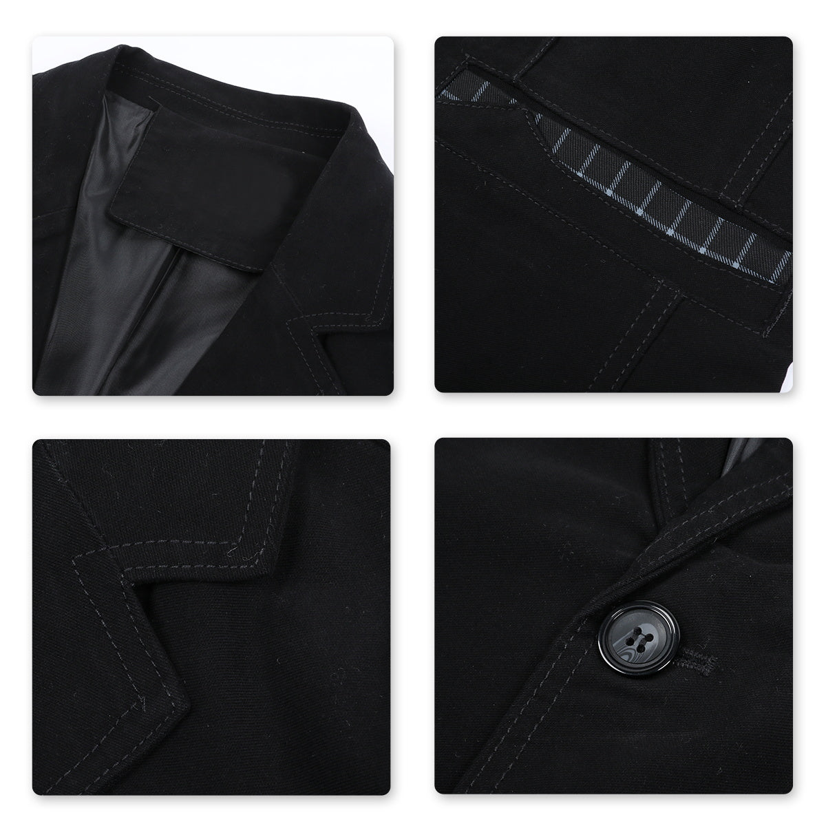 Black # Men's casual 2-button autumn blazer with notched lapel and single-breasted closure, solid black slim fit sport coat with center back vent, soft cotton blend fabric for business, wedding, prom, party and daily wear, isolated on white background.