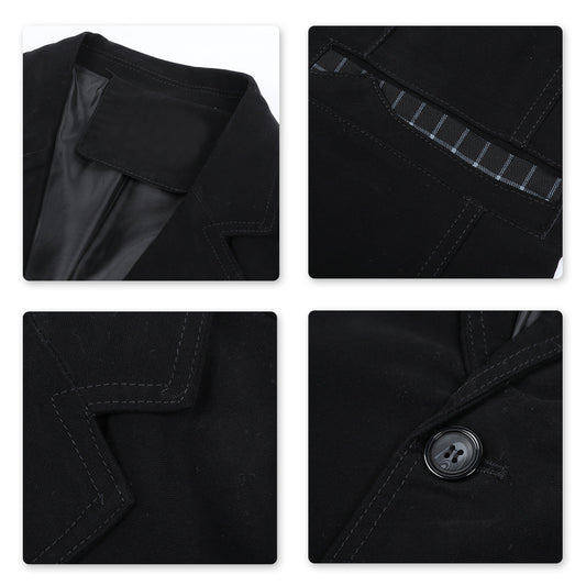 Black # Men's casual 2-button autumn blazer with notched lapel and single-breasted closure, solid black slim fit sport coat with center back vent, soft cotton blend fabric for business, wedding, prom, party and daily wear, isolated on white background.