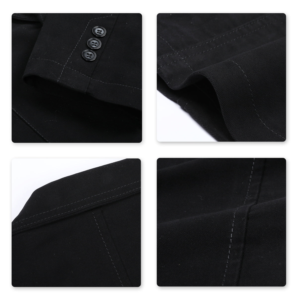 Black # Men's casual 2-button autumn blazer with notched lapel and single-breasted closure, solid black slim fit sport coat with center back vent, soft cotton blend fabric for business, wedding, prom, party and daily wear, isolated on white background.
