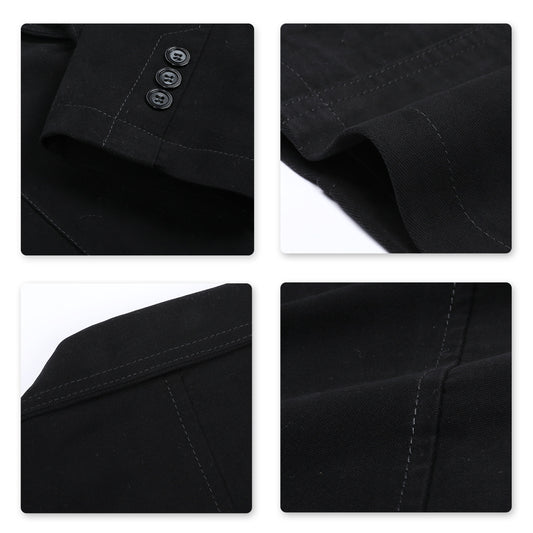 Black # Men's casual 2-button autumn blazer with notched lapel and single-breasted closure, solid black slim fit sport coat with center back vent, soft cotton blend fabric for business, wedding, prom, party and daily wear, isolated on white background.