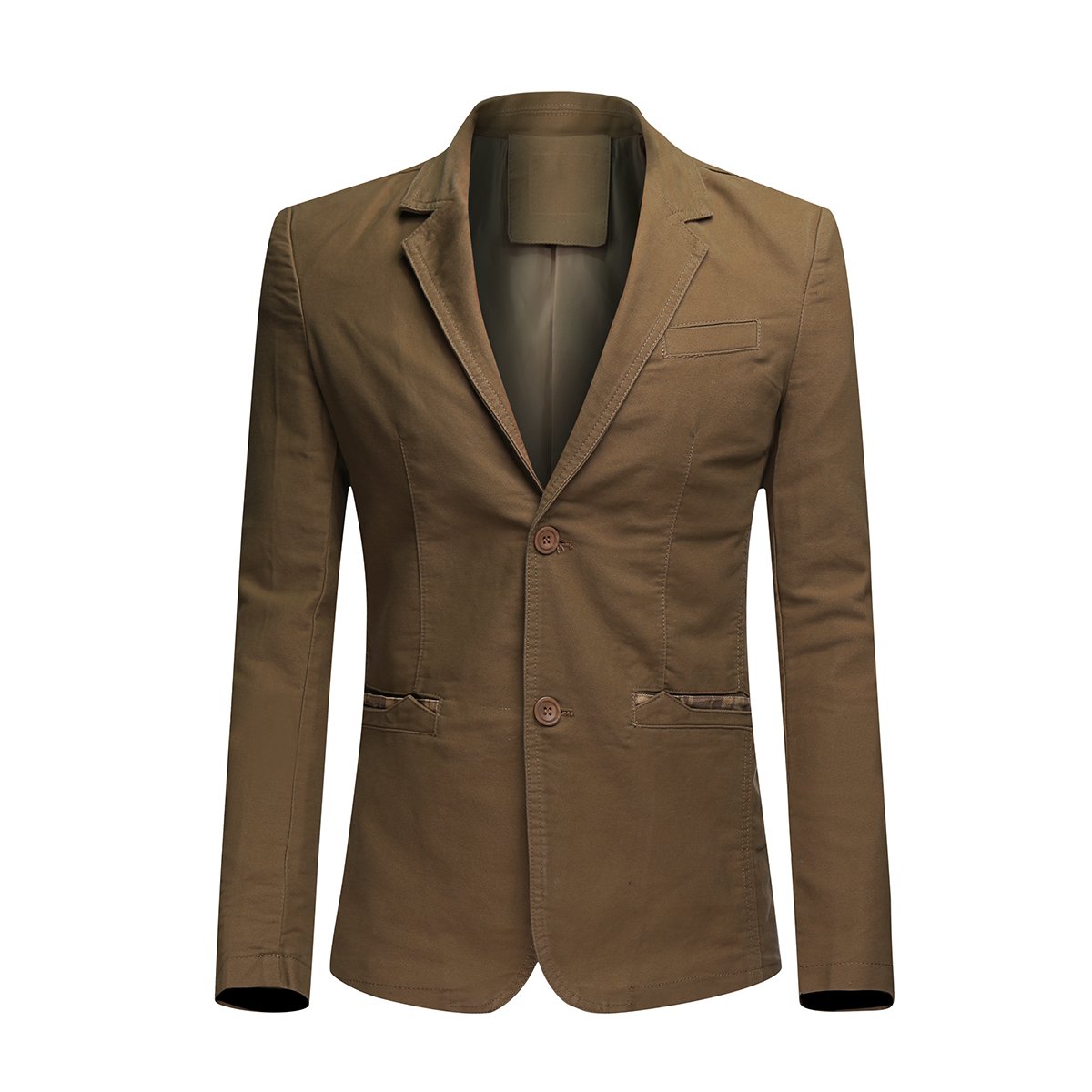 Dark Khaki # Men's two-button casual blazer with notched lapel and single-breasted closure, dark khaki cotton blend sport coat with back center vent for business, wedding, prom, party and daily wear, isolated on white background.