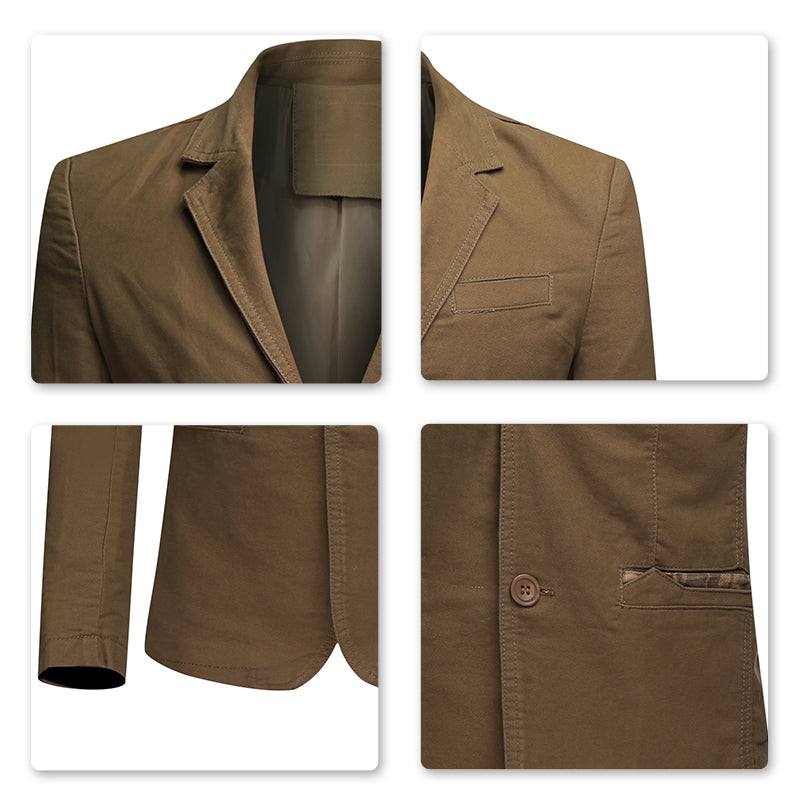 Dark Khaki # Men's two-button casual blazer with notched lapel and single-breasted closure, dark khaki cotton blend sport coat with back center vent for business, wedding, prom, party and daily wear, isolated on white background.
